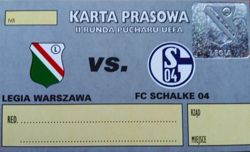 Press Card  Legia Warszawa - FC Schalke 04 UEFA Cup (29.10.2002)