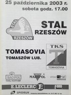 Stal Rzeszów - Tomasovia Tomaszow Lubelski, III league offiicial match programme (25.10.2003)