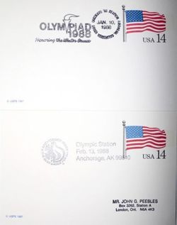 2 FDC postcards of XV Winter Olympic Games Calgary 1988 (USA)