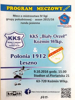 KKS Bialy Orzel Kozmin Wielkopolski - Polonia 1912 Leszno, IV league match programme (9.10.2016)