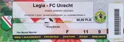 Legia Warsaw - FC Utrecht UEFA Cup (19.09.2002) match ticket