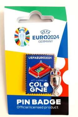 Pin of the host city Cologne with 2D trophy miniature UEFA Euro 2024 Germany - badge (Official Licensed Product)