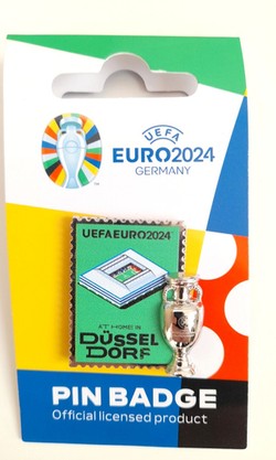 Pin of the host city Düsseldorf with 2D trophy miniature UEFA Euro 2024 Germany - badge (Official Licensed Product)