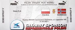 Poland - Norway UEFA Euro U-21 qualyfing match ticket (31.08.2001)