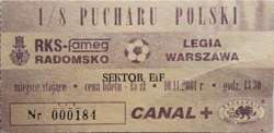 RKS FAMEG Radomsko - Legia Warszawa Polish Cup (10.11.2001)  match ticket