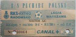 RKS FAMEG Radomsko - Legia Warszawa Polish Cup (10.11.2001) match ticket blue version