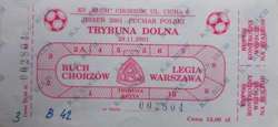 Ruch Chorzów - Legia Warszawa Polish Cup (29.11.2001) match ticket