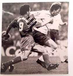 SV Werder Bremen - FC Bayern Munich, Bruno Labbadia vs Andreas Herzog match press photo (27.4.1993)