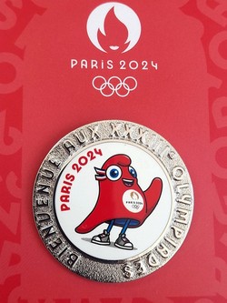 Summer Olympic Games Paris 2024 Phrygian mascot - Welcome to the XXXIII Olympiad badge (official licensed product, signature)