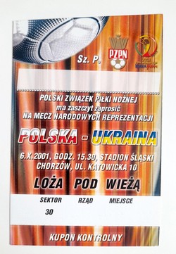 VIP invitation Lodge under the Tower of Poland - Ukraine FIFA World Cup qualyfing match (6.10.2001, Chorzów)