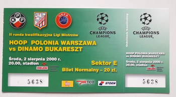 Polonia Warsaw - Dinamo Bucharest (2.8.2000), UEFA Champions League qualification match ticket