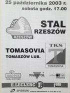 Stal Rzeszów - Tomasovia Tomaszow Lubelski, III league offiicial match programme (25.10.2003)