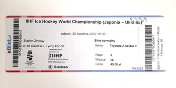 Japan - Ukraine, IIHF Ice Hockey World Championship Division I - Group B (30.4.2022, Tychy) match ticket