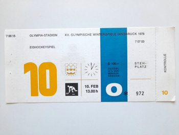 Ticket XII Winter Olympic Games Innsbruck 1976. Ice hockey match USA - Finland (10.2.1976, 13:00)