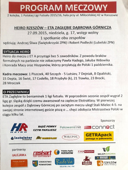 Heiro Rzeszów - ETA Zagłębie Dąbrowa Górnicza, Polish Futsal League (27.9.2015) match programme