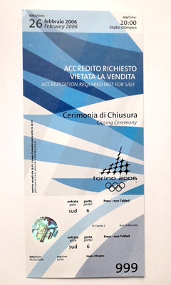 The XXth Winter Olympic Games Torino, Closing Ceremony media ticket (26.2.2006)