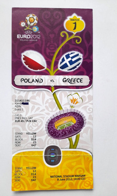 Poland - Greece, UEFA Euro 2012 official match ticket (8.6.2012)