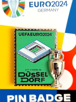 Pin of the host city Düsseldorf with 2D trophy miniature UEFA Euro 2024 Germany - badge (Official Licensed Product)
