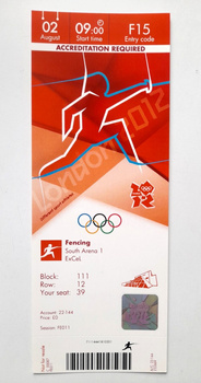 Summer Olympic Games London, fencing official media ticket (2.8.2012)