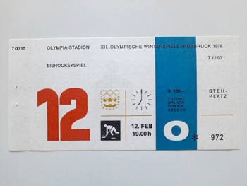 Ticket XII Winter Olympic Games Innsbruck 1976. Ice hockey match USSR - Finland (12.2.1976, 19:00)