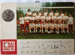 Postcard Polish national team silver medal of the 1974 World Cup with autographs as a picture on the wall