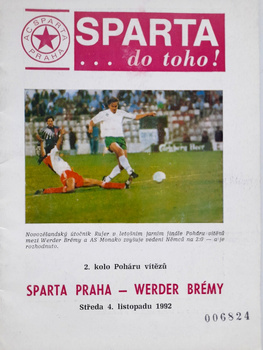 Sparta Prague - SV Werder Bremen Cup Winners' Cups match programme (4.11.1992)