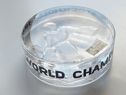 Stockholm 1969 IIHF Ice Hockey World Championship souvenir glass puck (official product)