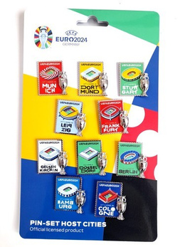 Pin-set of the 10 host cities with 2D trophy miniature UEFA Euro 2024 Germany badges (Official Licensed Product)
