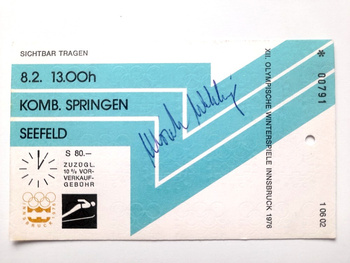 Ticket XII Winter Olympic Games Innsbruck 1976. Nordic combination - ski jumping (8.2.1976, 13:00) with Ulrich Wehling autograph