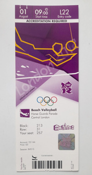 Summer Olympic Games London, beach volleyball official media ticket (1.8.2012)