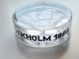 Stockholm 1969 IIHF Ice Hockey World Championship souvenir glass puck (official product)