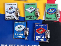 Pin-set of the 10 host cities with 2D trophy miniature UEFA Euro 2024 Germany badges (Official Licensed Product)