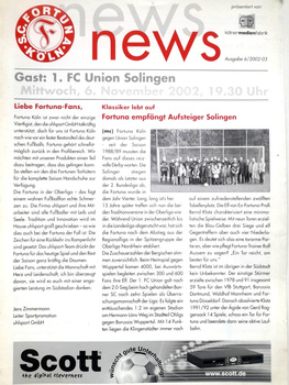SC Fortuna Koeln - 1. FC Union Solingen, Oberliga (6.11.2002) official match programme