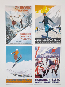 Chamonix 1924 Winter Olympic Games and winter sports retro postcards, (set of 4)