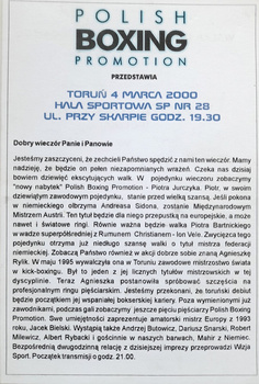 Polish Boxing Promotion Gala official programme (4.3.2000)