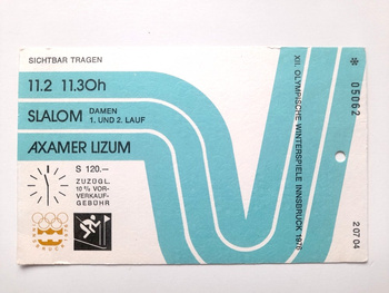 Ticket XII Winter Olympic Games Innsbruck 1976. Alpine skiing - Womens slalom 1st and 2nd run (11.2.1976, 11:30)