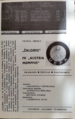 Zalgiris Vilnius - Austria Wien UEFA Cup match (07.09.1988) programme