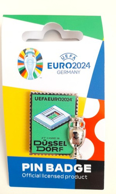 Pin of the host city Düsseldorf with 2D trophy miniature UEFA Euro 2024 Germany - badge (Official Licensed Product)