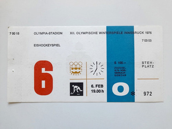 Ticket XII Winter Olympic Games Innsbruck 1976. Ice hockey match Czechoslovakia - Finland (6.2.1976, 19:00)