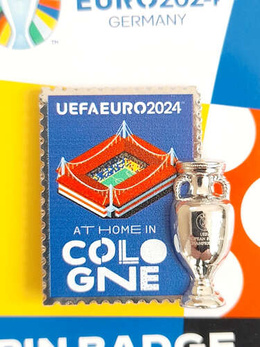 Pin of the host city Cologne with 2D trophy miniature UEFA Euro 2024 Germany - badge (Official Licensed Product)
