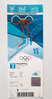 Summer Olympic Games London, weightlifting official media ticket (28.7.2012)