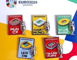 Pin-set of the 10 host cities with 2D trophy miniature UEFA Euro 2024 Germany badges (Official Licensed Product)